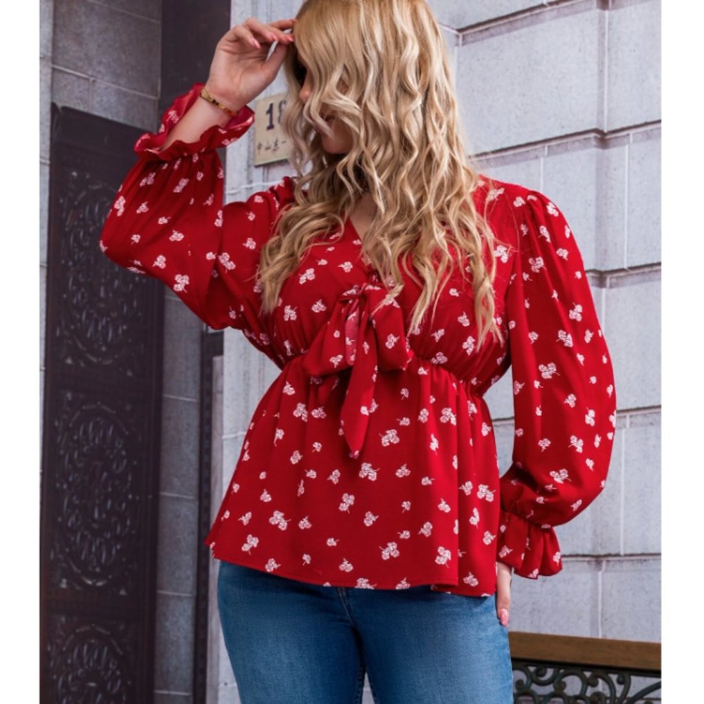 Shein - Ditsy Floral Flounce Sleeve Tie Front Blouse - 1X